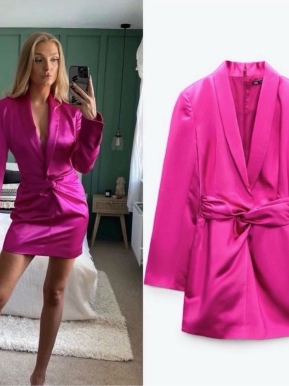 Zara Satin Blazer Mini Dress in Fuchsia Pink